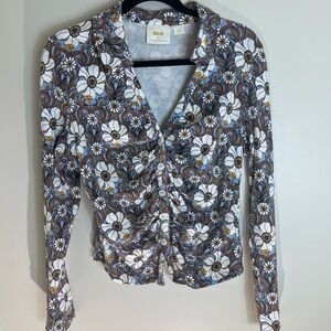 Anthropologie Gray Ruched Long Sleeve Blouse